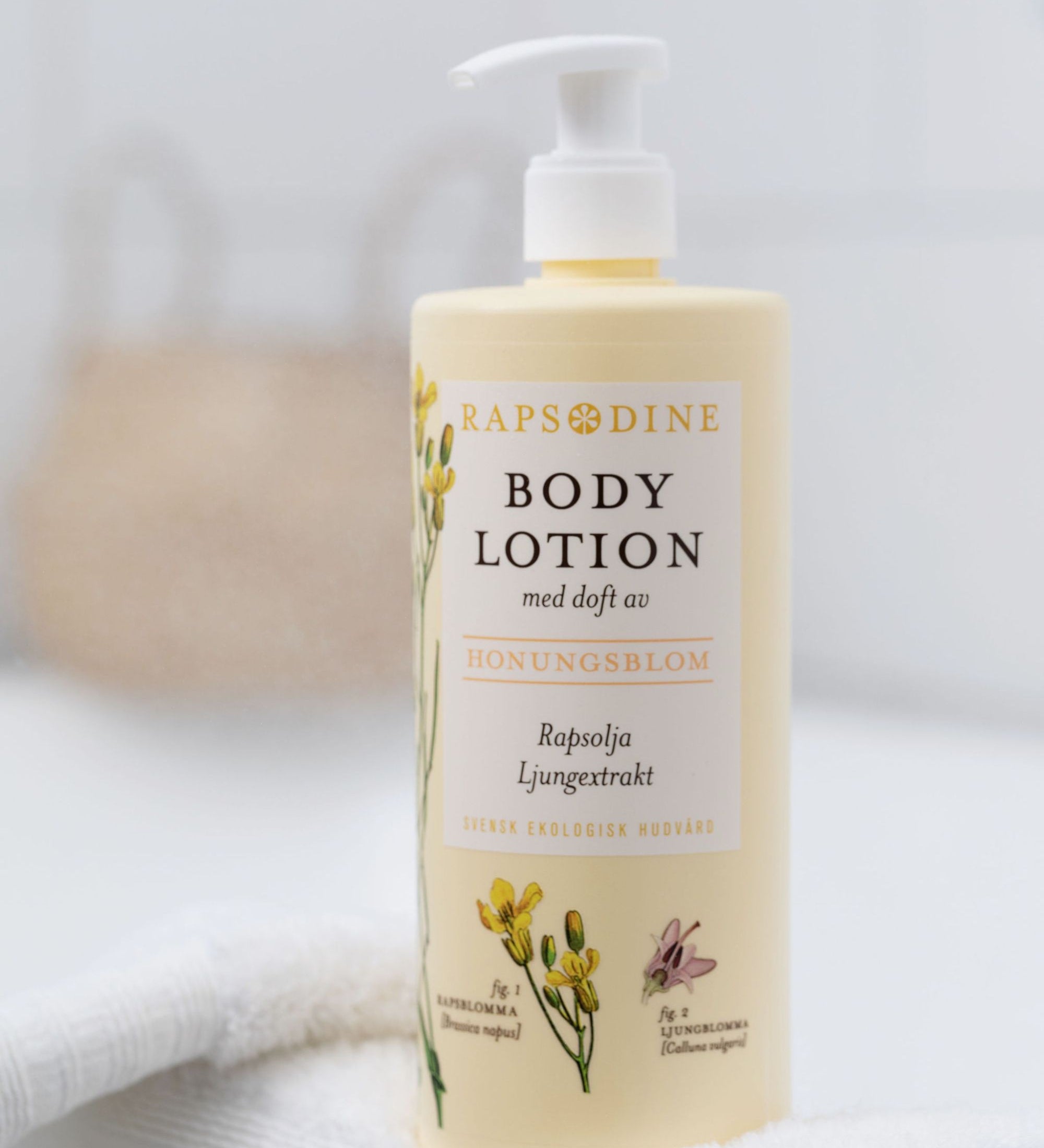Ekologisk body lotion med doft av honungsblom från Rapsodine med rapsolja och ljungextrakt, naturlig hudvård i Sverige