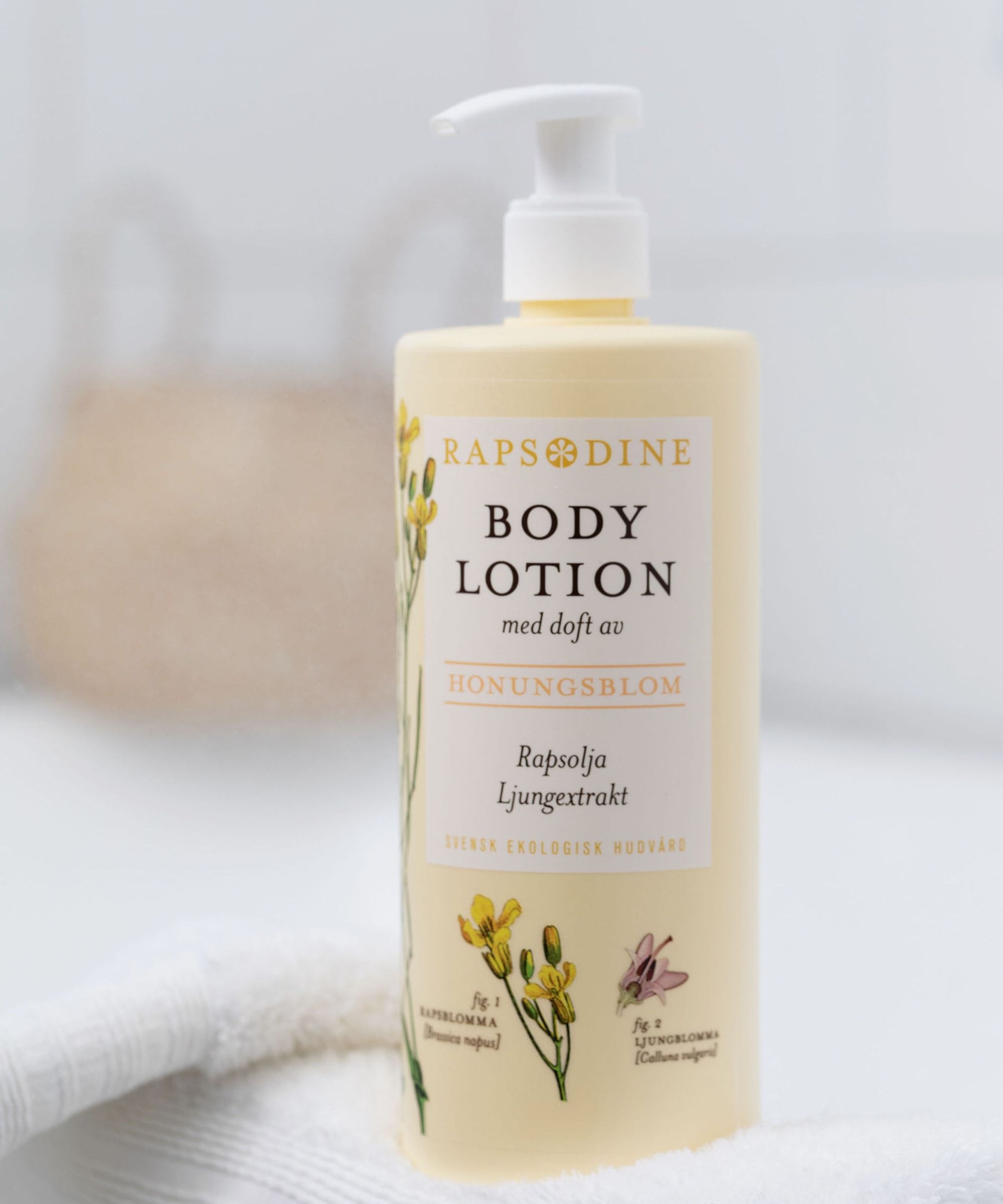 Ekologisk body lotion med doft av honungsblom från Rapsodine med rapsolja och ljungextrakt, naturlig hudvård i Sverige
