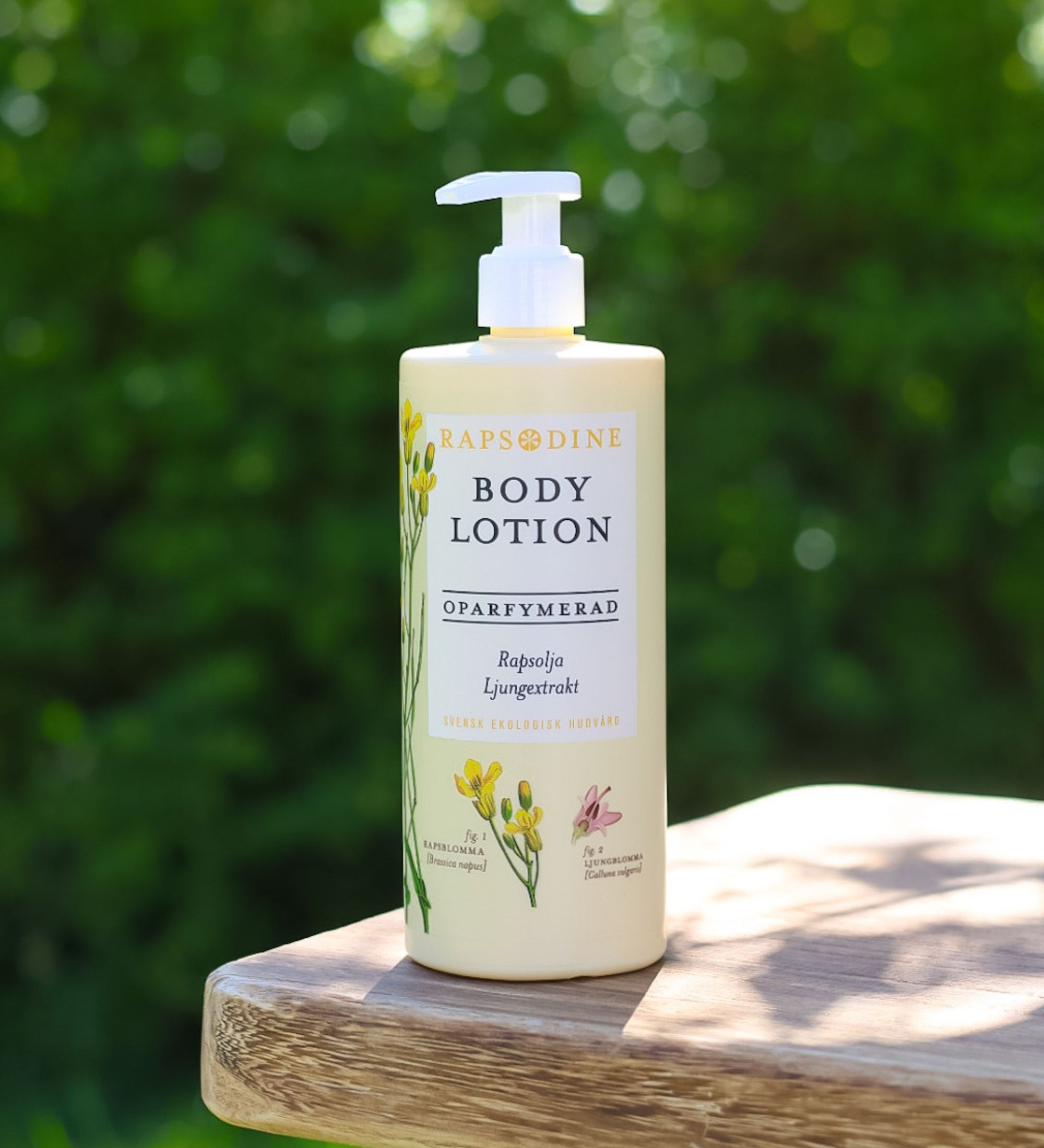 Rapsodines parfymfria body lotion med svenska växtextrakt i naturlig utomhusmiljö