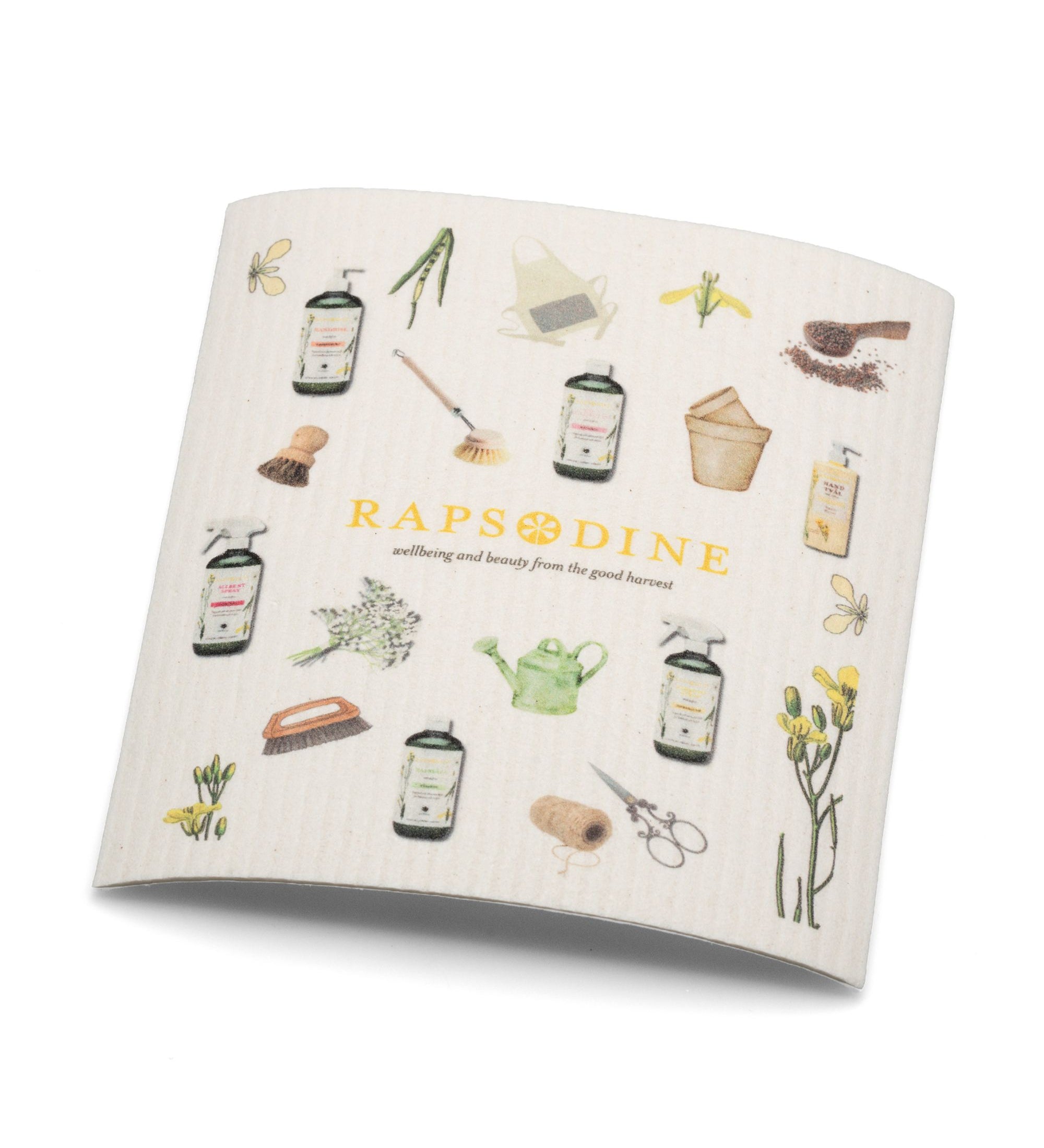 Disktrasa från Rapsodine med illustrationer av naturlig hudvård och botaniska detaljer
