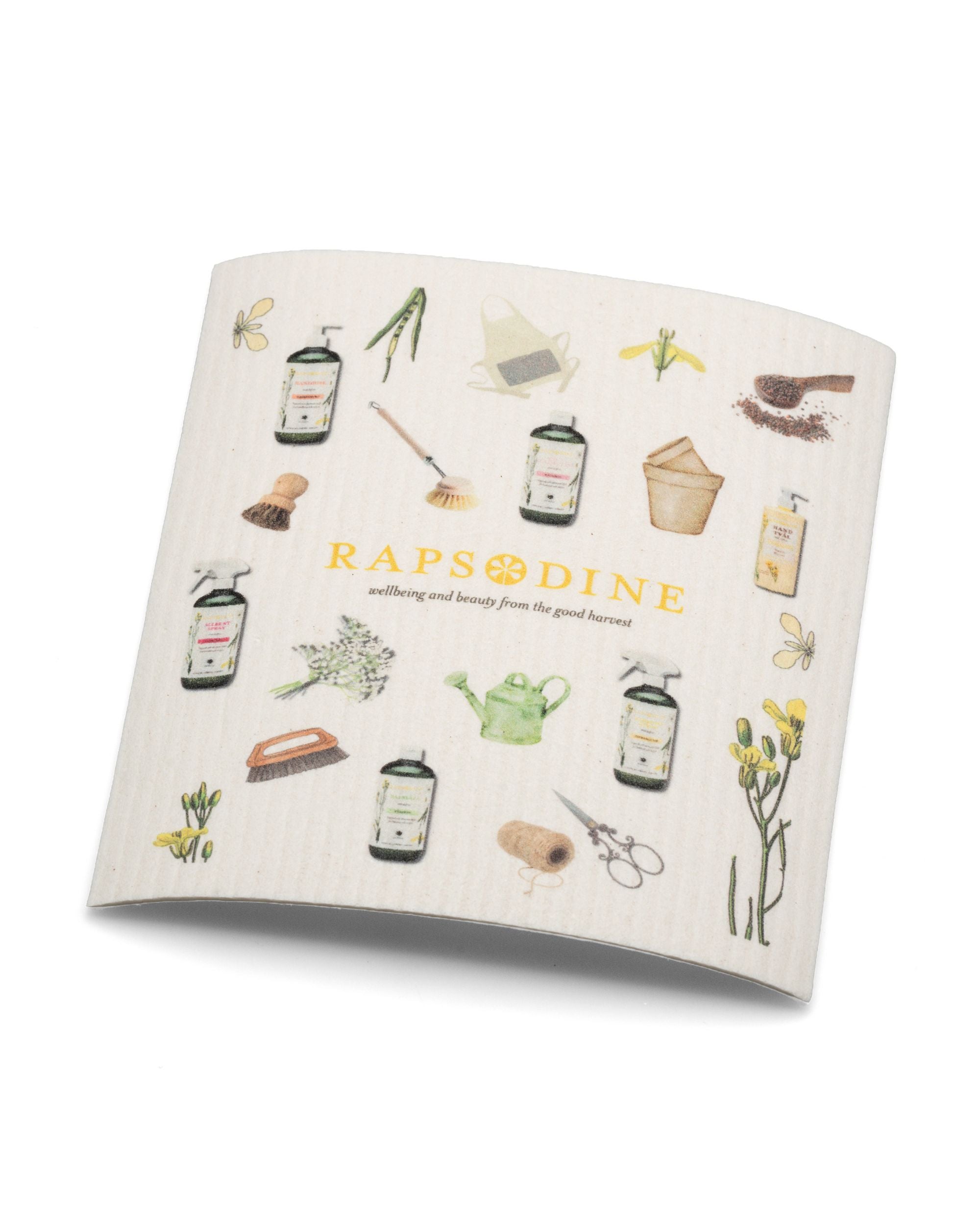 Disktrasa från Rapsodine med illustrationer av naturlig hudvård och botaniska detaljer