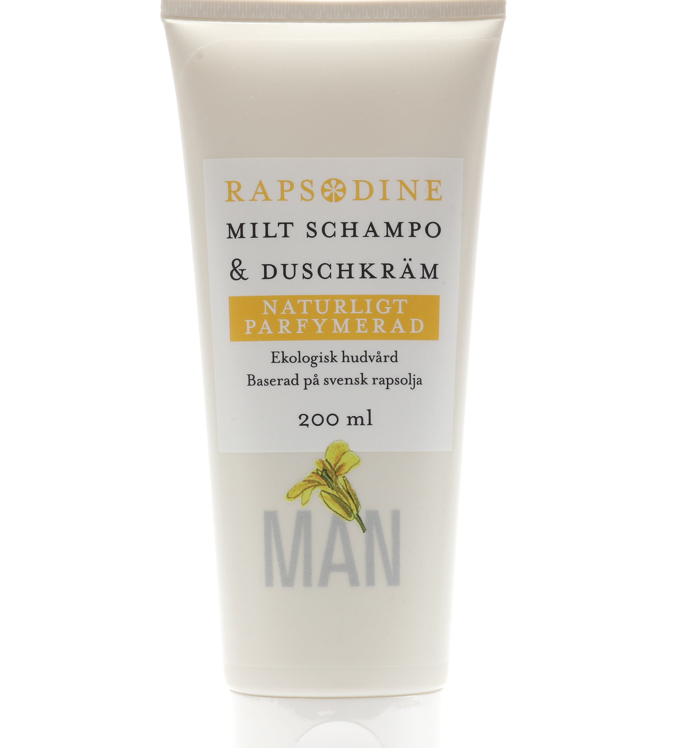 MAN Milt Schampo & Duschkräm, 200 ml naturligt parfymerad. Ekologisk hudvård baserad på svensk rapsolja från Rapsodine. 