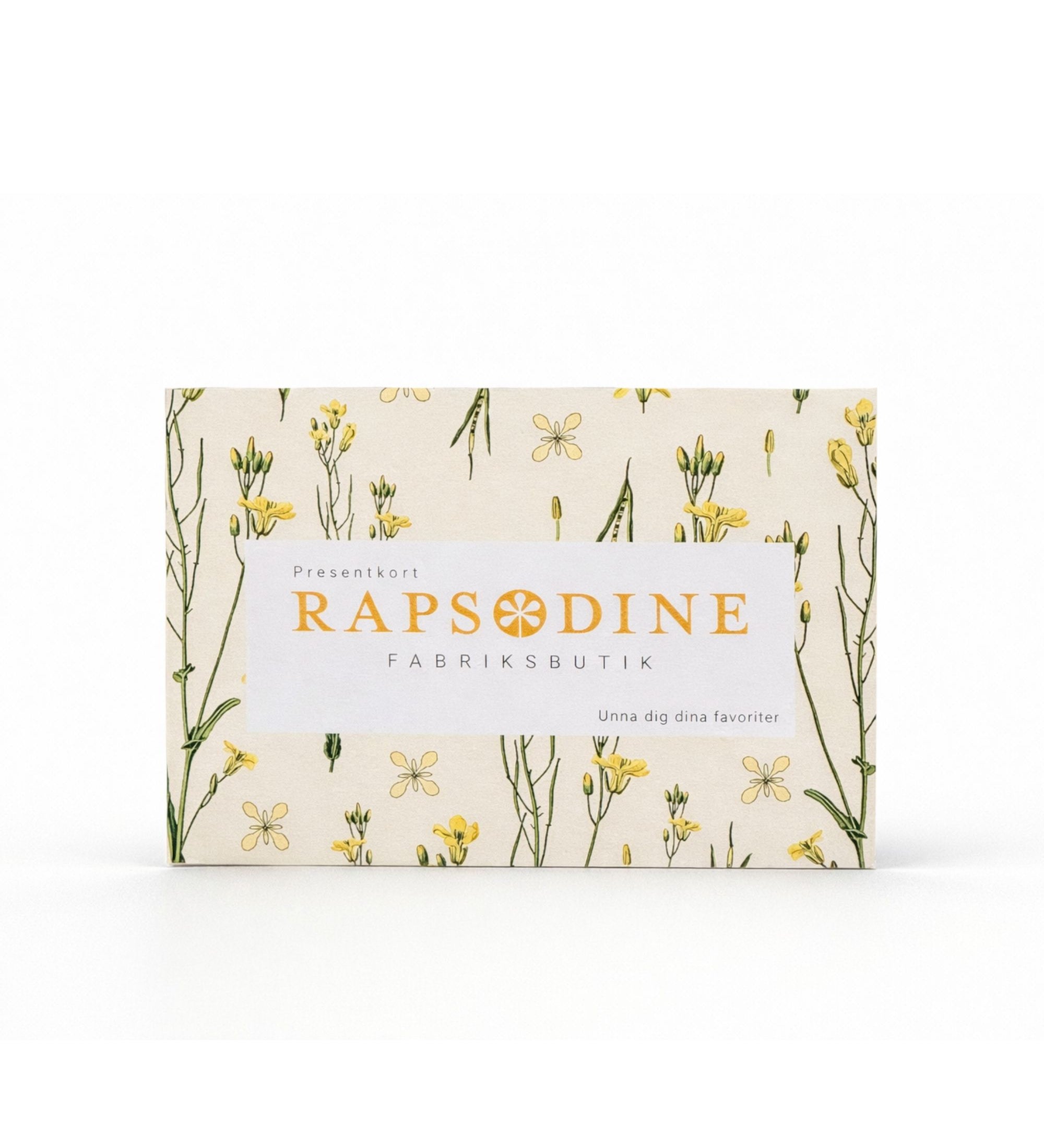 Presentkort från Rapsodine Fabriksbutik med mönster och gula rapsblommor i naturlig design