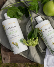 Ekologiskt schampo och balsam med lindblom från Rapsodine med rapsolja och aloe vera, naturlig hårvård i utomhusmiljö